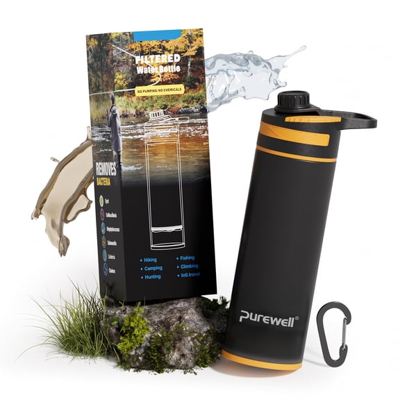 Purewell 27oz Pressing Filtered Water Bottle with 0.01μm Ultra-Filtration, Portable Water Filter Bottle with 3-Stage Filtration for Survival, Camping, Hiking, Backpacking, Drinking, Emergency