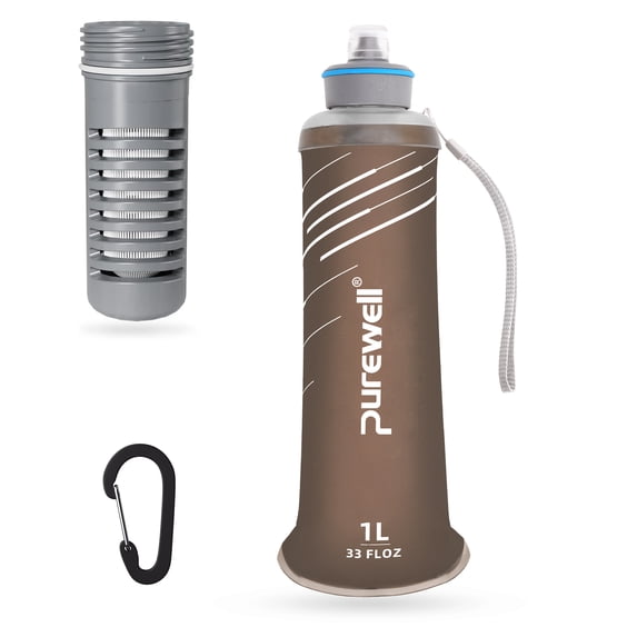Purewell Collapsible Squeeze Bottle Water Filter System 1000ml for Trail Running, Through Hiking, Travel, Cycling, and Fishing black
