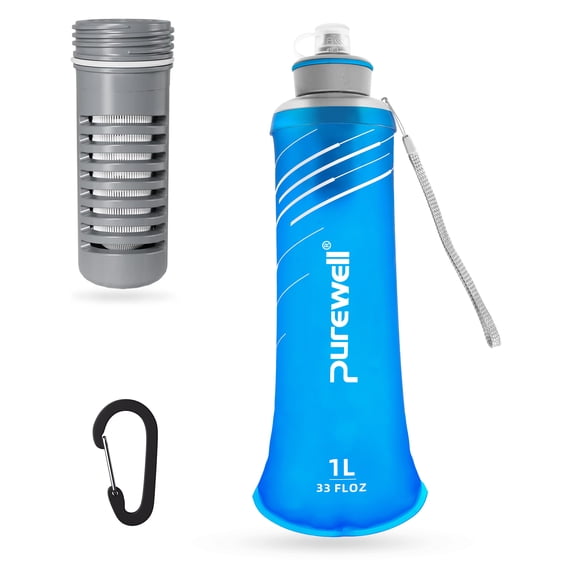 Purewell Collapsible Squeeze Bottle Water Filter System 1000ml for Trail Running, Through Hiking, Travel, Cycling, and Fishing blue