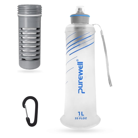 Purewell Collapsible Squeeze Bottle Water Filter System 1000ml for Trail Running, Through Hiking, Travel, Cycling, and Fishing white