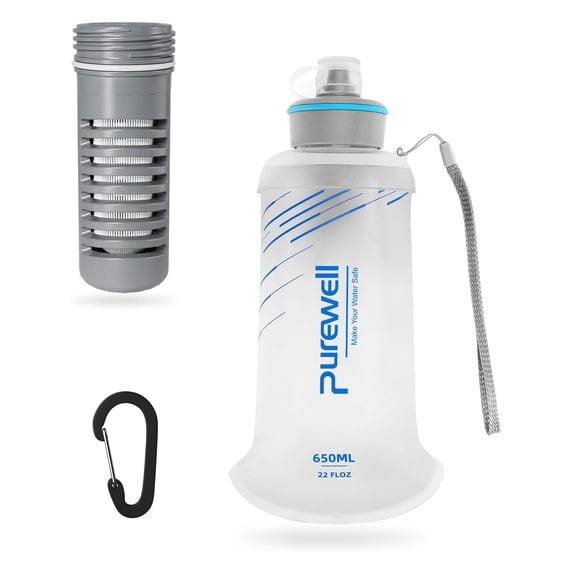 Purewell Collapsible Squeeze Bottle Water Filter System 650ml for Trail Running, Through Hiking, Travel, Cycling, and Fishing white