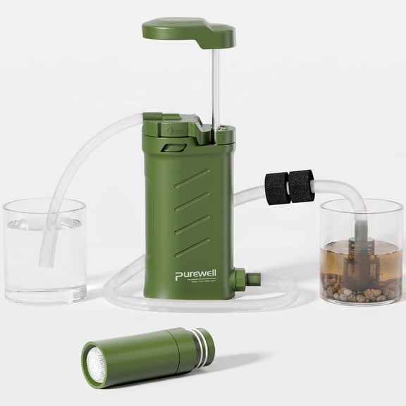 Purewell Portable Water Filter Pump, 0.01-Micron 4-Stage Outdoor Survival Water Filtration System with Compass, 1400ml/min for Camping, Hiking, Backpacking and Emergency Kit(Single Filter Cartridge)