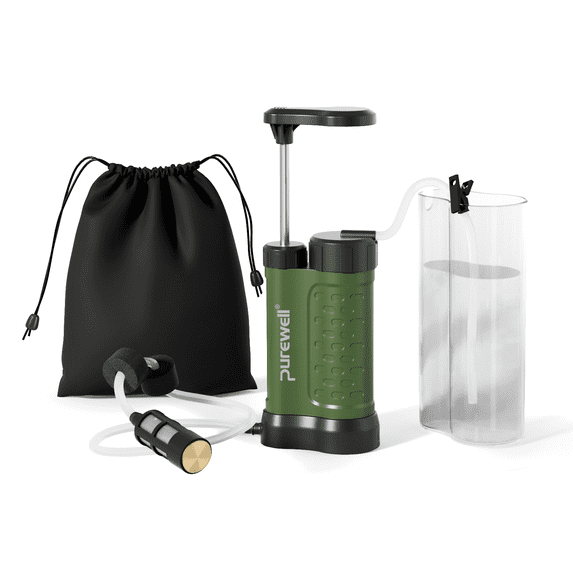 Purewell Portable Water Filter Pump, 0.01 Micron Outdoor Camping Filtration System for Hiking and Emergency Preparedness(green)