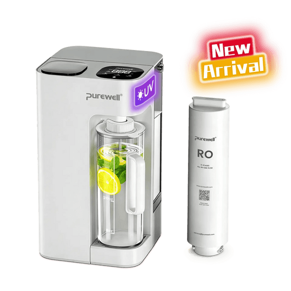 Purewell Reverse Osmosis Countertop Water Purifier with UV Sterilization RO Water Filtration System with 44oz Portable Water Pitcher, Smart Auto-Filling