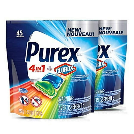 Purex 4-in-1 + Clorox2 Laundry Detergent Pacs, Original Fresh, 45 Count, Pack of 2, 90 Total Loads