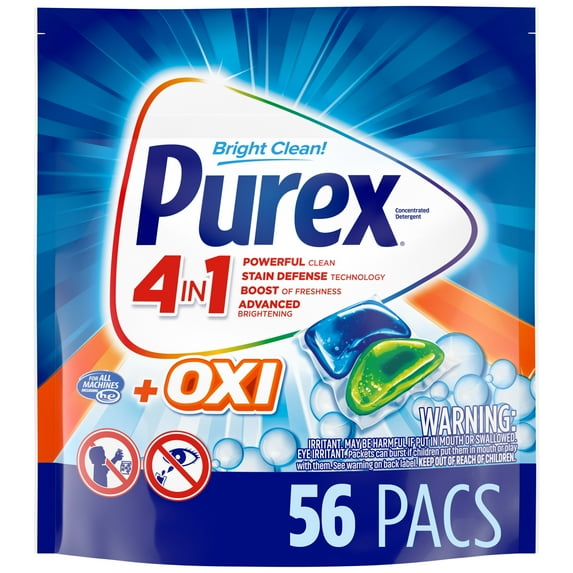 Purex 4-in-1 + OXI Laundry Detergent Pacs, Fresh Morning Burst, 56 Count