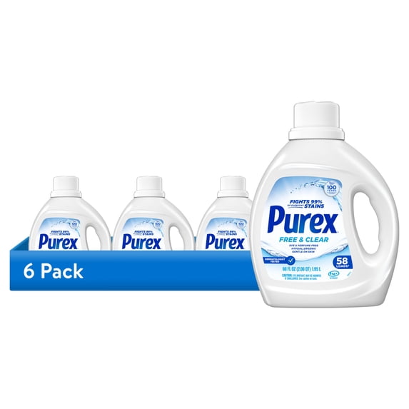 (6 pack) Purex Free & Clear Liquid Detergent, Sensitive Skin, 66 fl oz, 58 loads