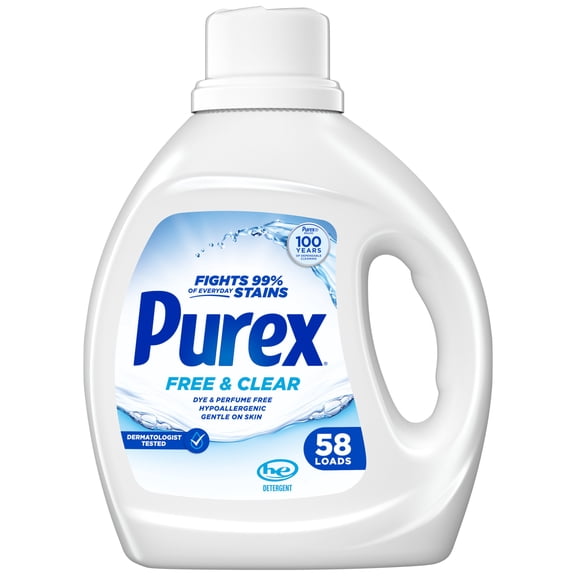 Purex Free & Clear Liquid Laundry Detergent for Sensitive Skin, 66 fl oz, 58 Loads Hypoallergenic, Dye & Fragrance Free