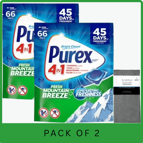 Purex Fresh Mountain Breeze Laundry Detergent Pacs, 66 ct with Microfiber Solid Color Towel by BundleEase