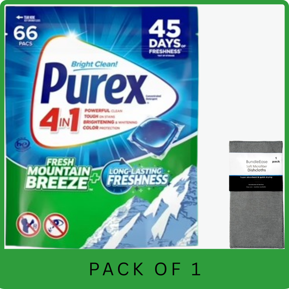 Purex Laundry Detergent Pacs, Fresh Mountain Breeze, 66 Count with Microfiber Solid Color Towel by BundleEase