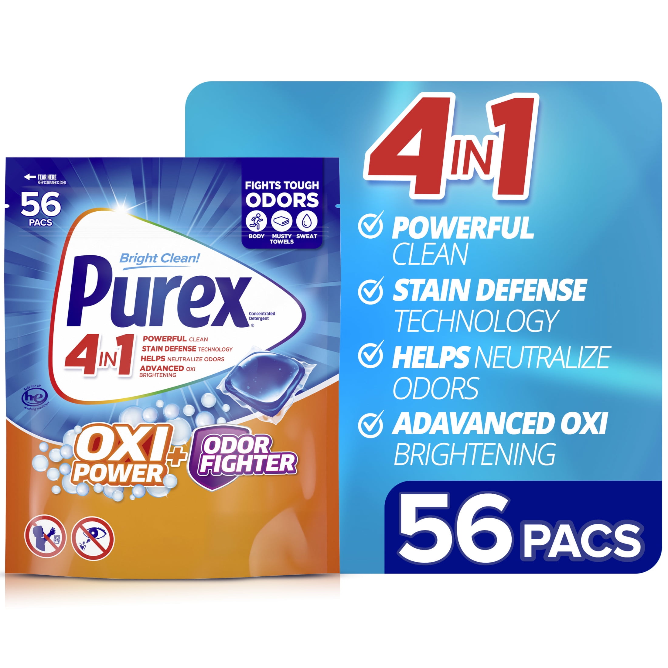 Purex 4-in-1 Oxi Power Plus Odor Fighter Laundry Detergent Pacs, Fresh Morning Burst, 56 Count