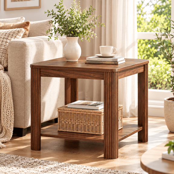 Purfeel Home 22" End Table with Storage Shelf, Square Side Table with Wave Grain Legs, Wood Nightstand for Bedroom, Accent Sofa Table for Living Room, Home Office