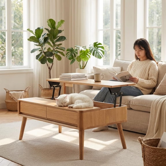 Purfeel Home Lift Top Coffee Table with Storage Solid Oak Wood Triangular Coffee Tables for Living Room,mesa de Centro para sala