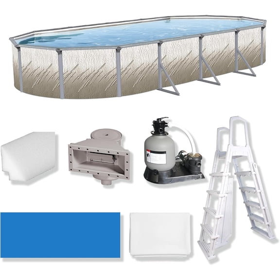 Puri Tech 12' x 24' x 52" Lakeview Above Ground Swimming Pool Set with Liner, Filtration System, Skimmer, Ladder and Winter Cover for Complete Backyard Swimming Pool Setup