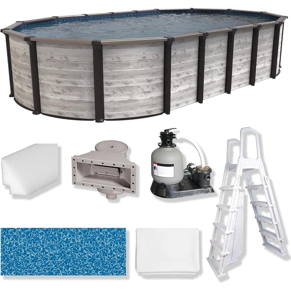 Puri Tech 12'x24'x52 Sunset Bay Above Ground Swimming Pool Set with Full-Print Overlap Liner, Skimmer, Filtration System and A-Frame Ladder for Complete Backyard Swimming Pool Setup