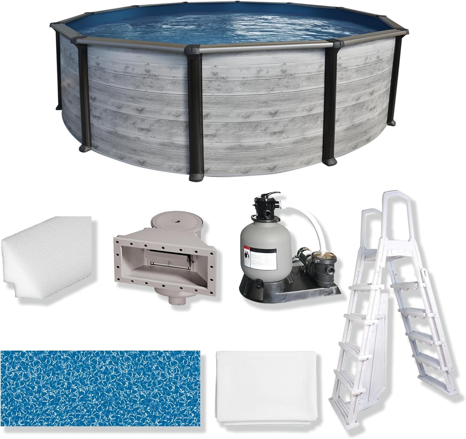 Puri Tech 21' x 52" Sunset Bay Above Ground Swimming Pool Set with Full-Print Overlap Liner, Skimmer, Filtration System and A-Frame Ladder for Complete Backyard Swimming Pool Setup