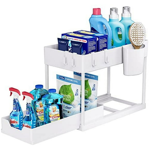 Puricon 1 Pack Under Sink Organizers and Storage Pull Out Sliding Drawer, 2 Tier Multi-purpose Kitchen Under the Sink Organizer Under Bathroom Sink Shelf Storage Rack for Countertop Laundry -White