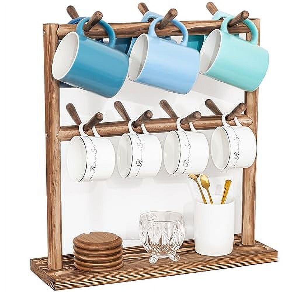 Puricon Wooden Kitchen Countertop Coffee Mug Holder, 2 Tier Stand with