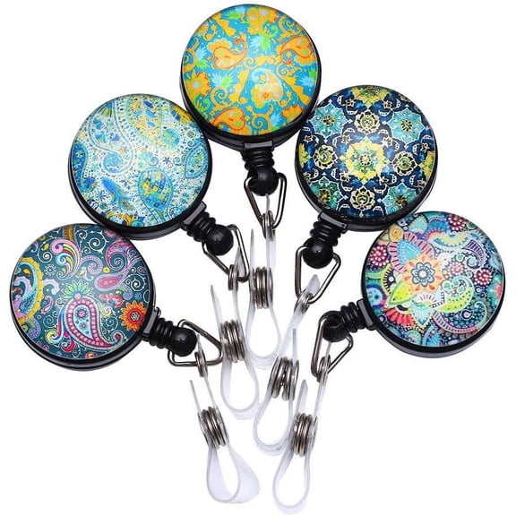 Purida Name Badge Reel,ID Badge Reels with Belt Clip, Retractable Badge Reel, Nurse Badge Reel, 5 Assorted Patterns Decorative, 5 Pack, Paisley