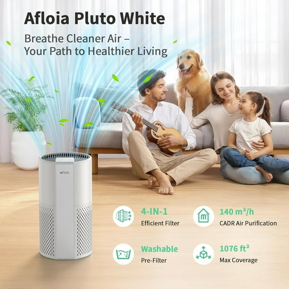 Purifier for Home, 4-in-1 Washable Filter Covers 1076 Sq Ft Quiet Auto Shut Off Night Light Removes Pet Dander Pollen Dust White