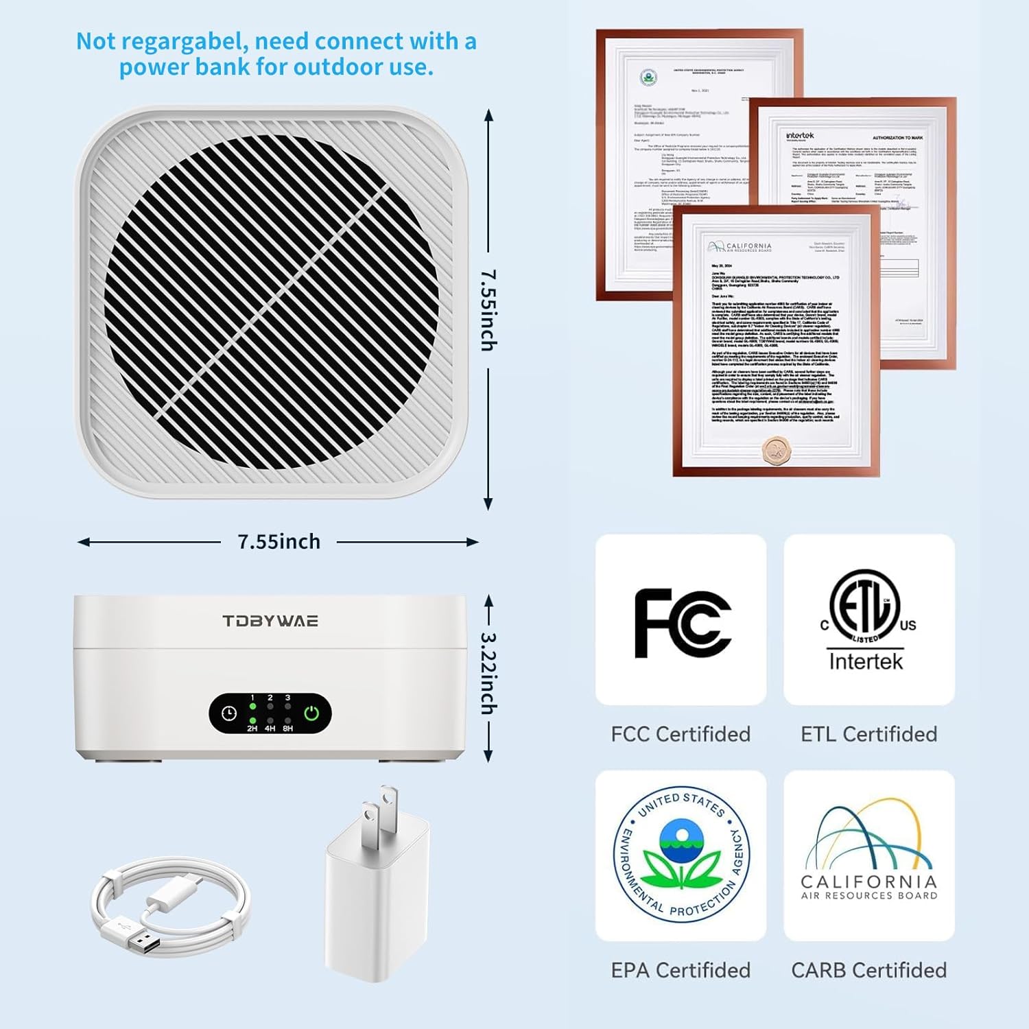Purifier for Home Bedroom to 600 ft², True HEPA Filter for Pets Dust Dander Pollen Odor , Portable Car Purifier with Type-C Charging and Touch