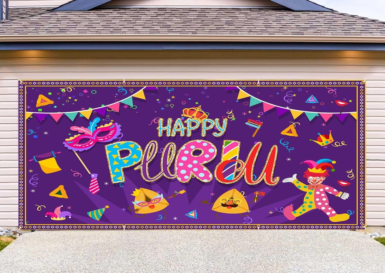 Purim Garage Door Cover Banner Decorations, Happy Purim Carnival Purple