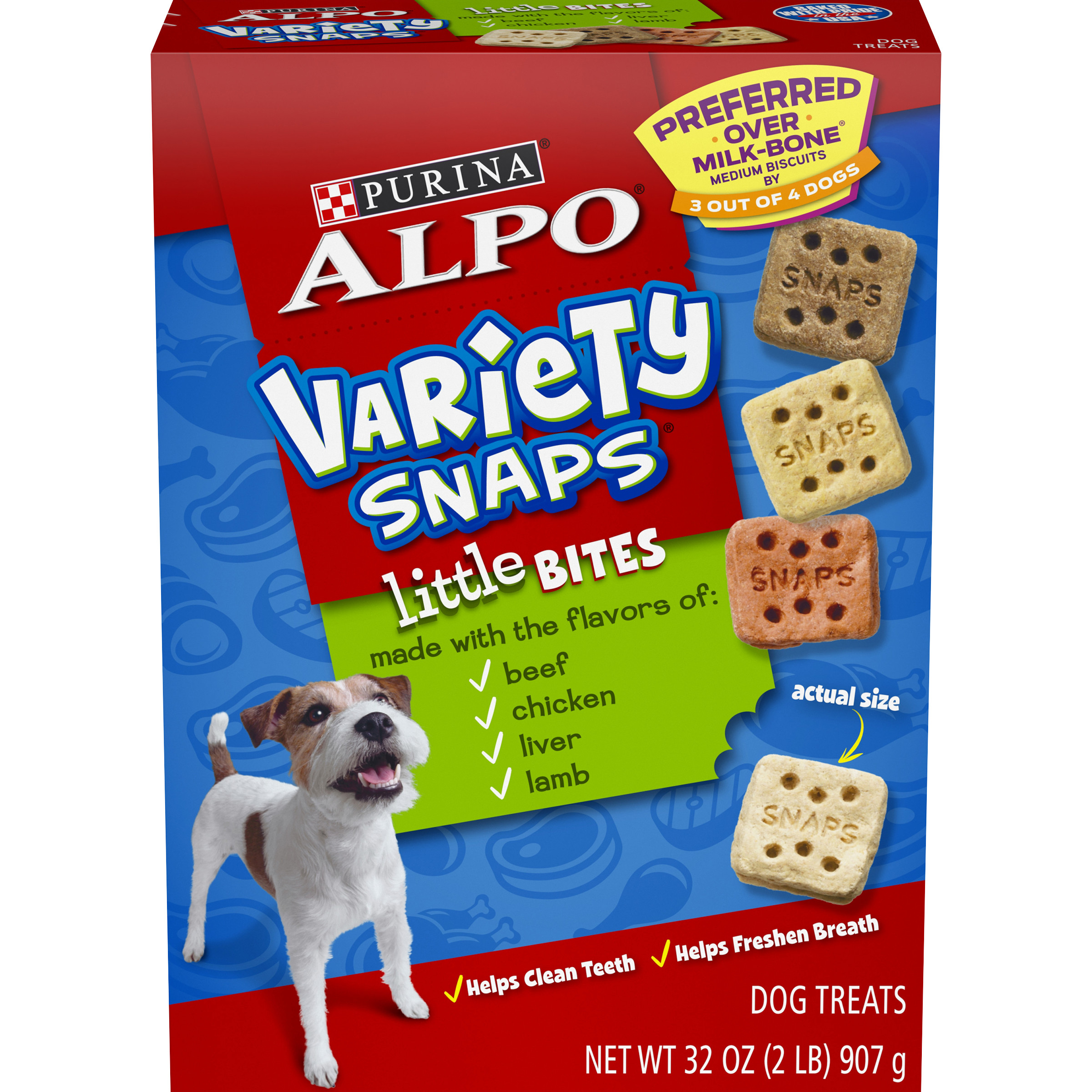 Purina ALPO Variety Snaps Beef Chicken Liver & Lamb Crunchy Treats for Dogs, 32 oz Box - image 1 of 8