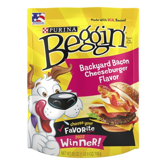 Purina Beggin’ Dog Treats, Backyard Bacon Cheeseburger Flavor, Dog Snack Chews, 25 oz Pouch