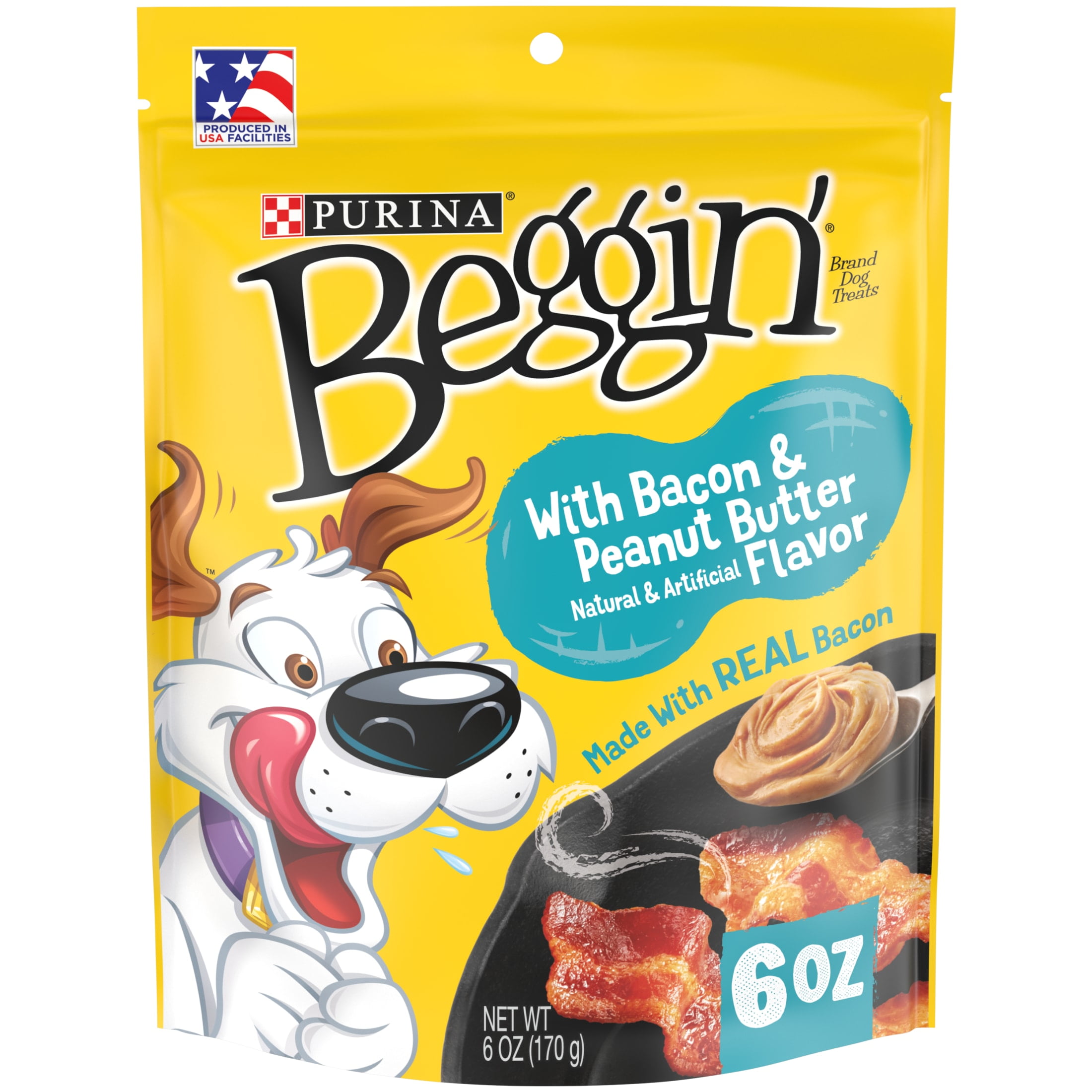 Purina Beggin' Strips Dog Treats Bacon & Natural Peanut Butter Dog Chews Snacks, 6 oz Pouch (6 Pack)