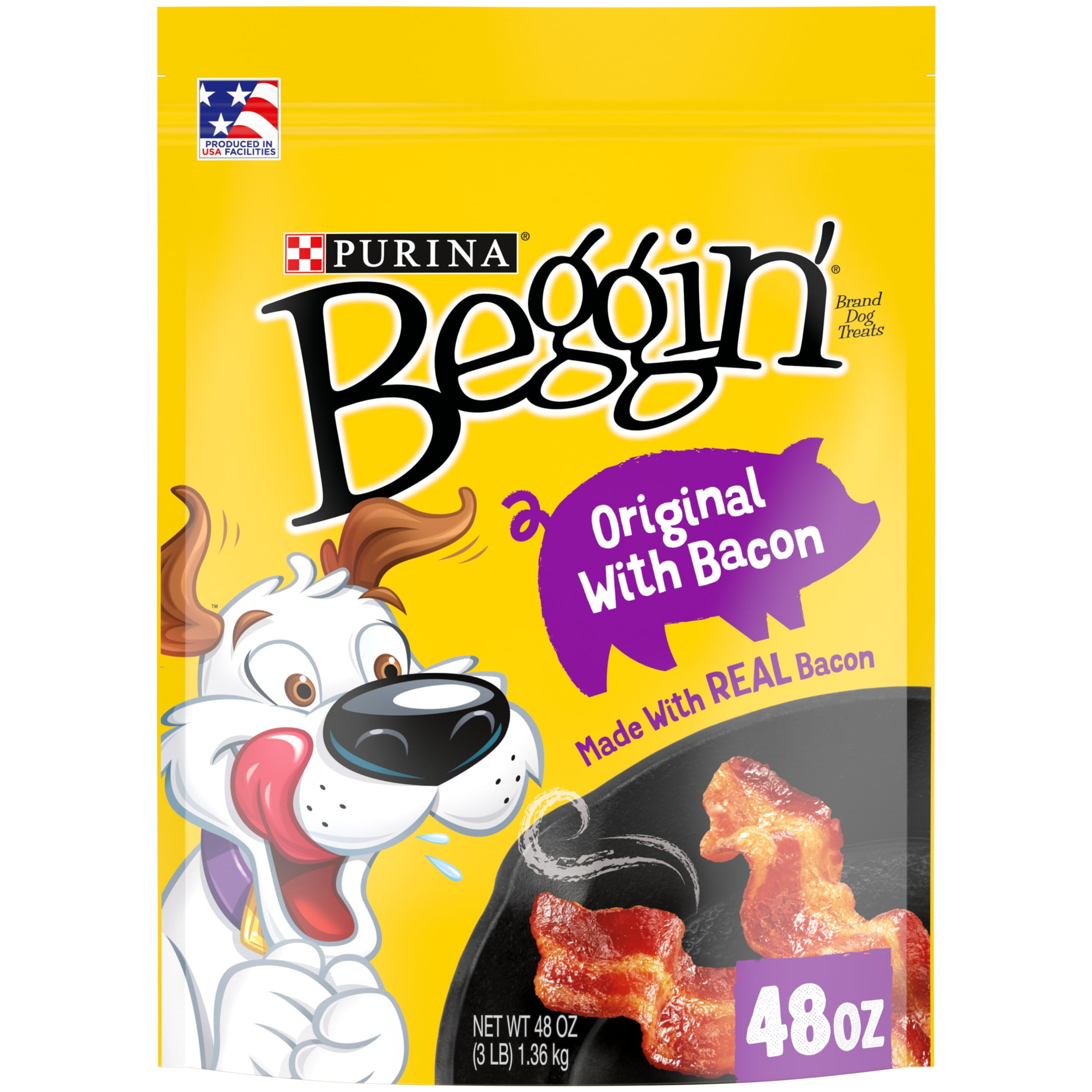 Purina Beggin' Strips Dog Treats Original with Real Bacon Flavor Tender Chews, 48 oz Pouch