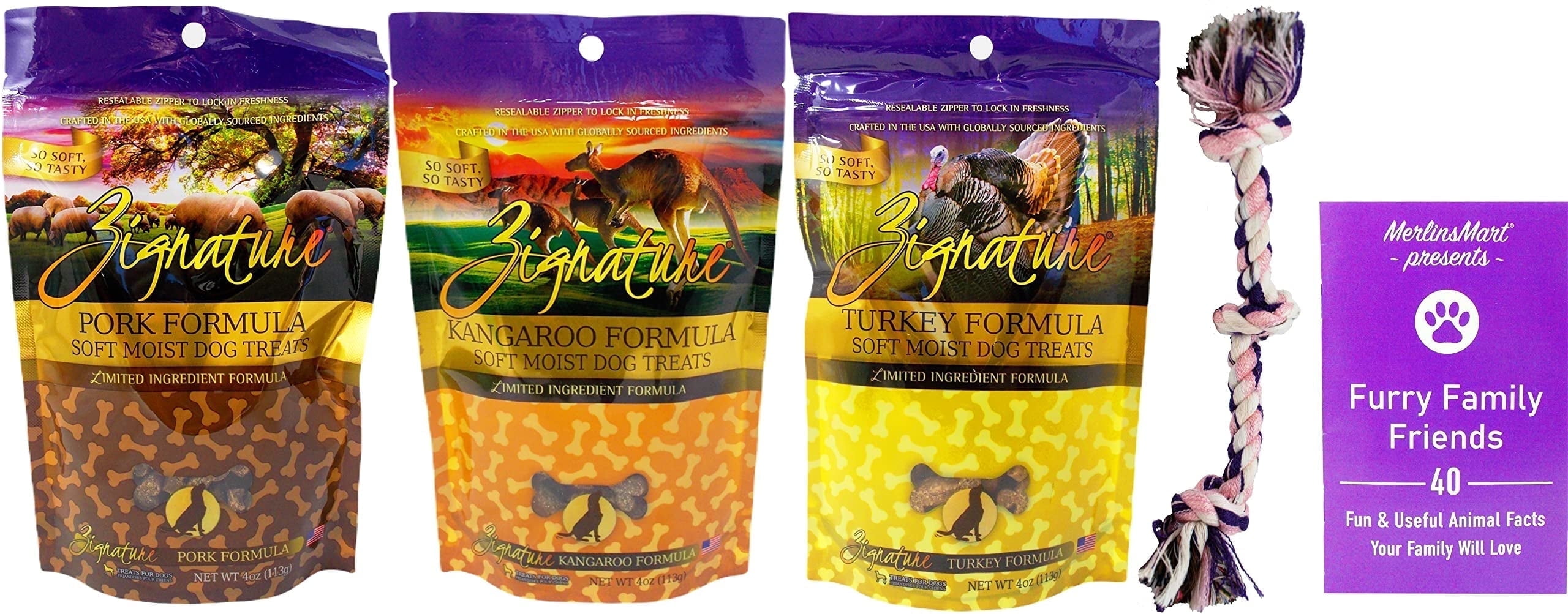 Zignature Soft & Moist Limited Ingredient Dog Treats Variety 3-Pack | Pork, Kangaroo & Turkey | 4 oz - MerlinsMart Zine & Rope Toy