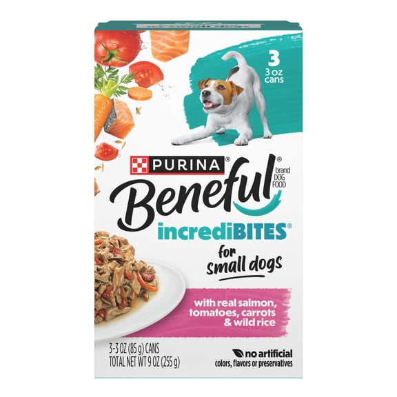 Purina Beneful Small Breed Wet Dog Food in Gravy, IncrediBites with Real Salmon, Rice & Vegetables, 3 oz Cans, 8 Pack