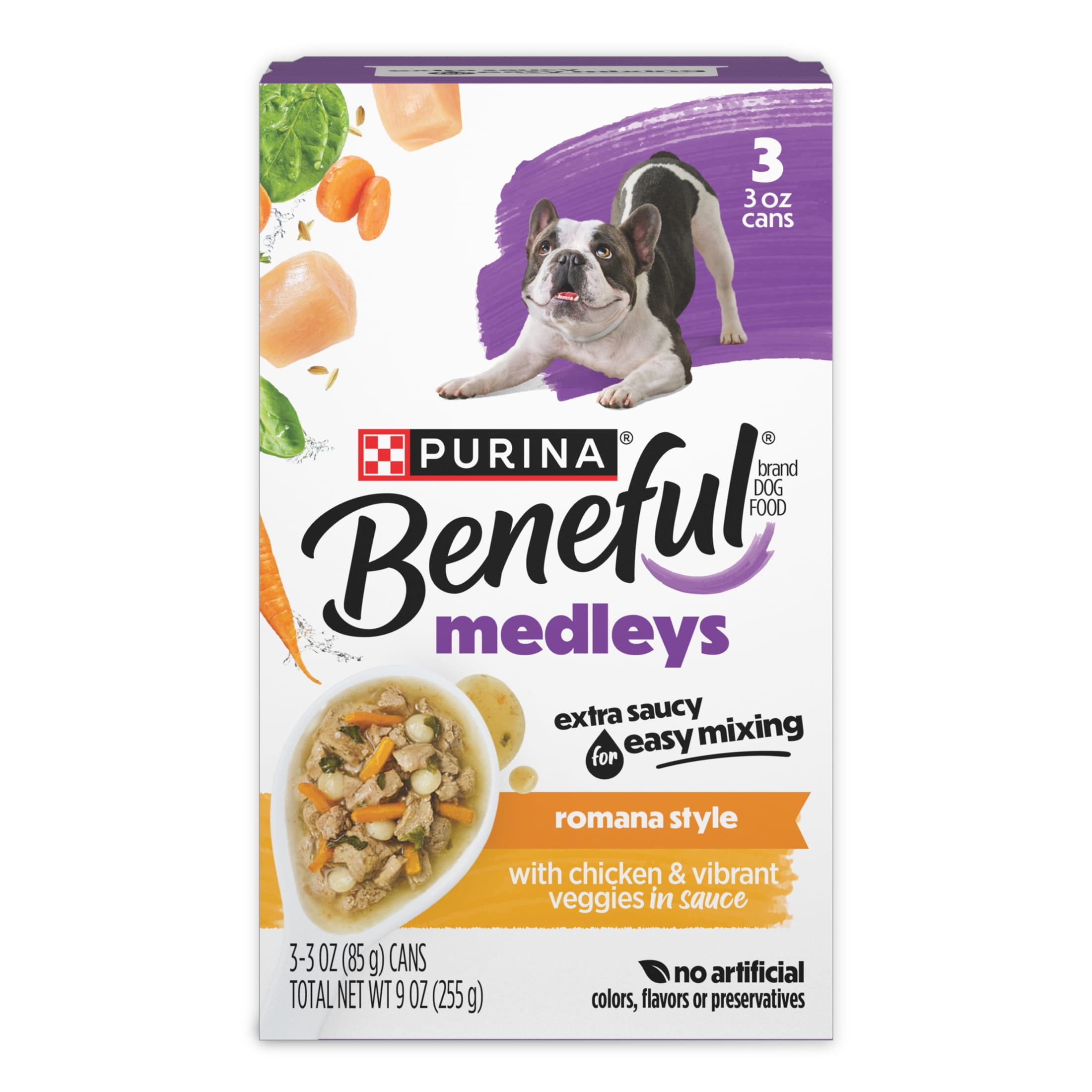 Purina Beneful Medleys Romana Style Wet Dog Food with Real Chicken, Carrots, Pasta, and Spinach in Dog Gravy, 3 oz Can (3 Pack)