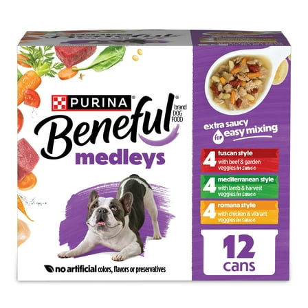 Purina Beneful Medleys Wet Dog Food Variety Pack with Tuscan, Romana, and Mediterranean Style Dog Food in Dog Gravy, 12 Pack