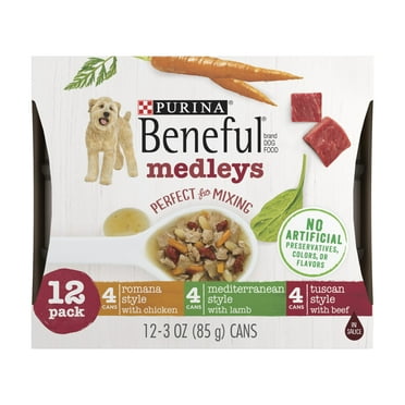 Purina Beneful Medleys Wet Dog Food High Protein Real Soft Beef, Chicken & Lamb, 3 oz Cans (12 Pack)
