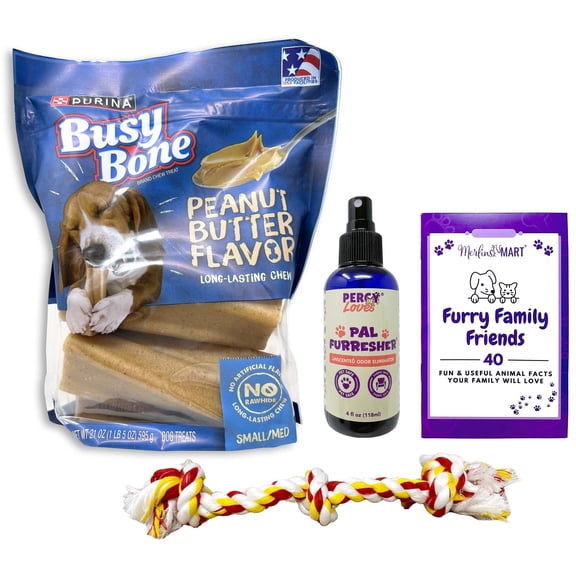 Purina Busy Bone Dog Treat - Peanut Butter Flavor | Sm/Med 21 Oz | MerlinsMart Zine, Percy Loves Pal Furresher, & Rope Toy