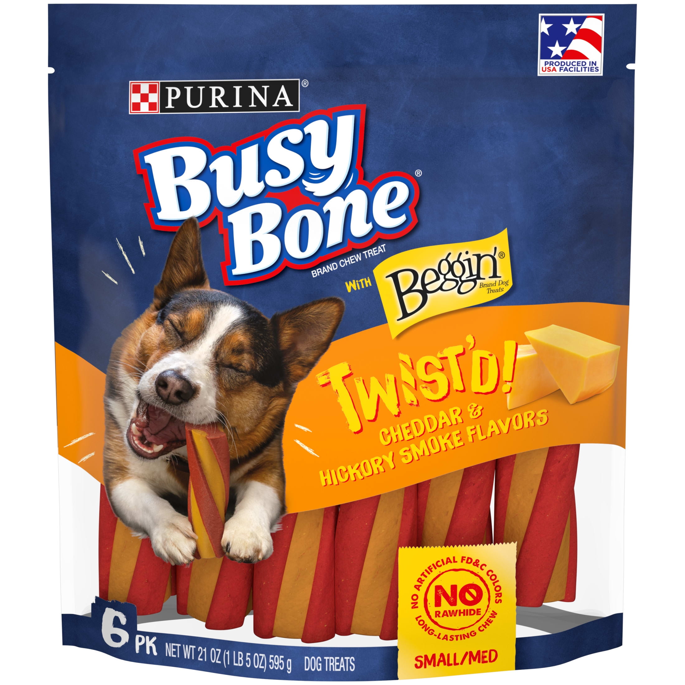 Purina Busy Bone Twist'd Dog Treats, Cheddar & Hickory Smoke Chews for Small & Medium Dogs, 21 oz Pouch