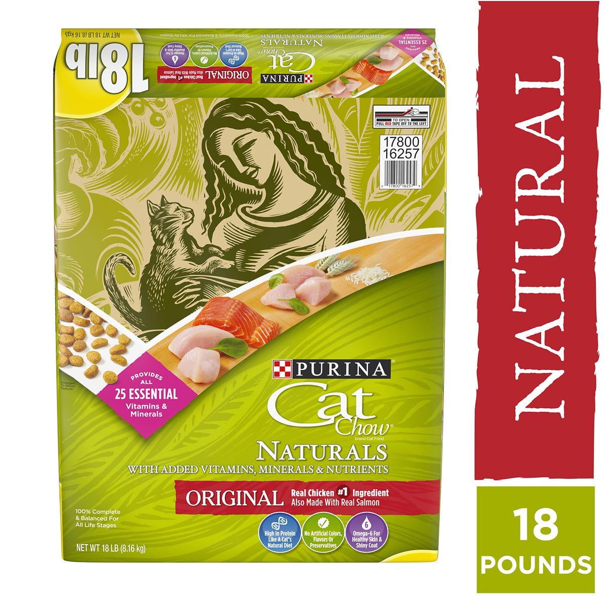 Purina Cat Chow Adult Natural Original Chicken and Salmon Recipe Dry Cat Food, 18 lb. Bag