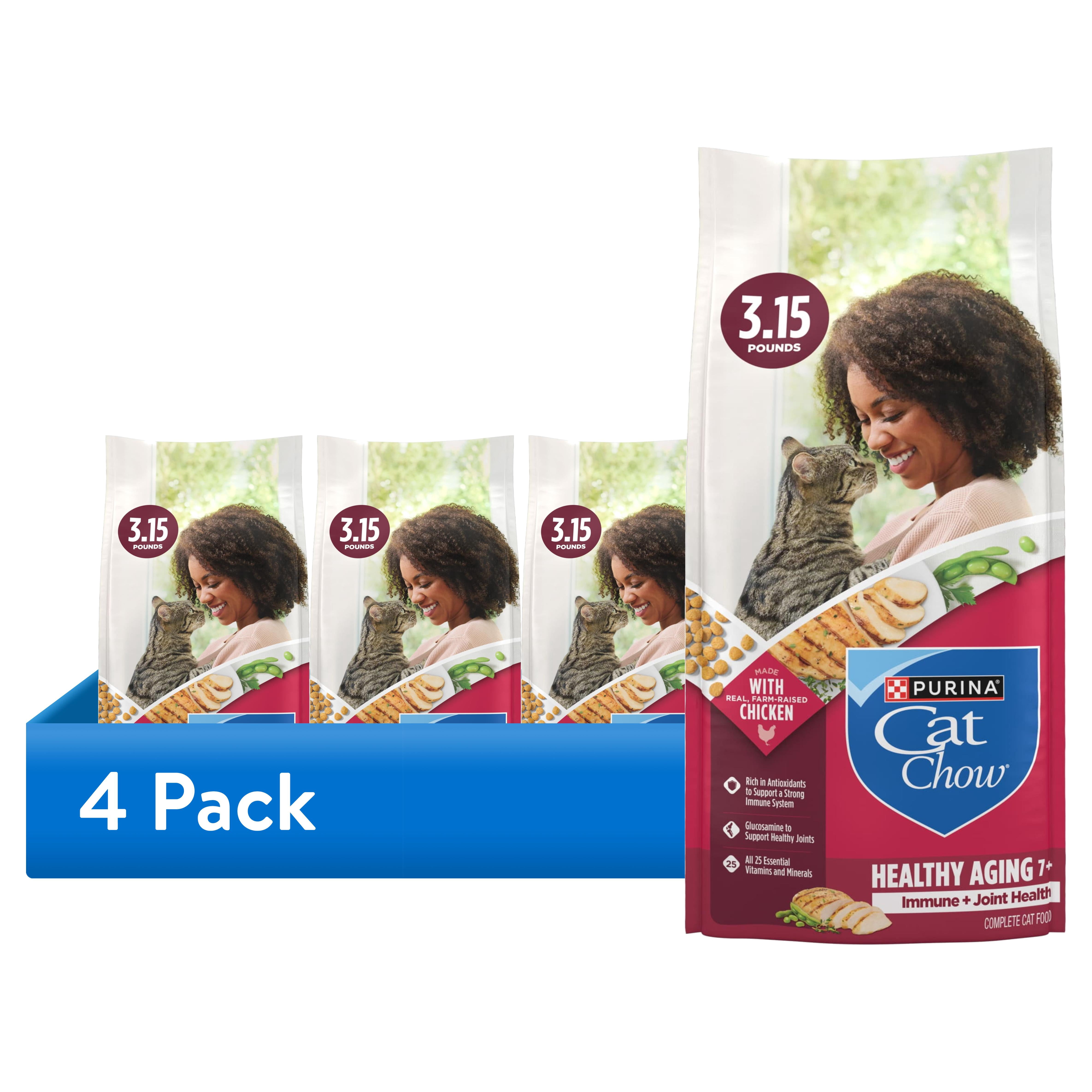 (4 pack) Purina Cat Chow Healthy Aging 7+ Senior Dry Cat Food, Chicken, 3.15 lb. Bag