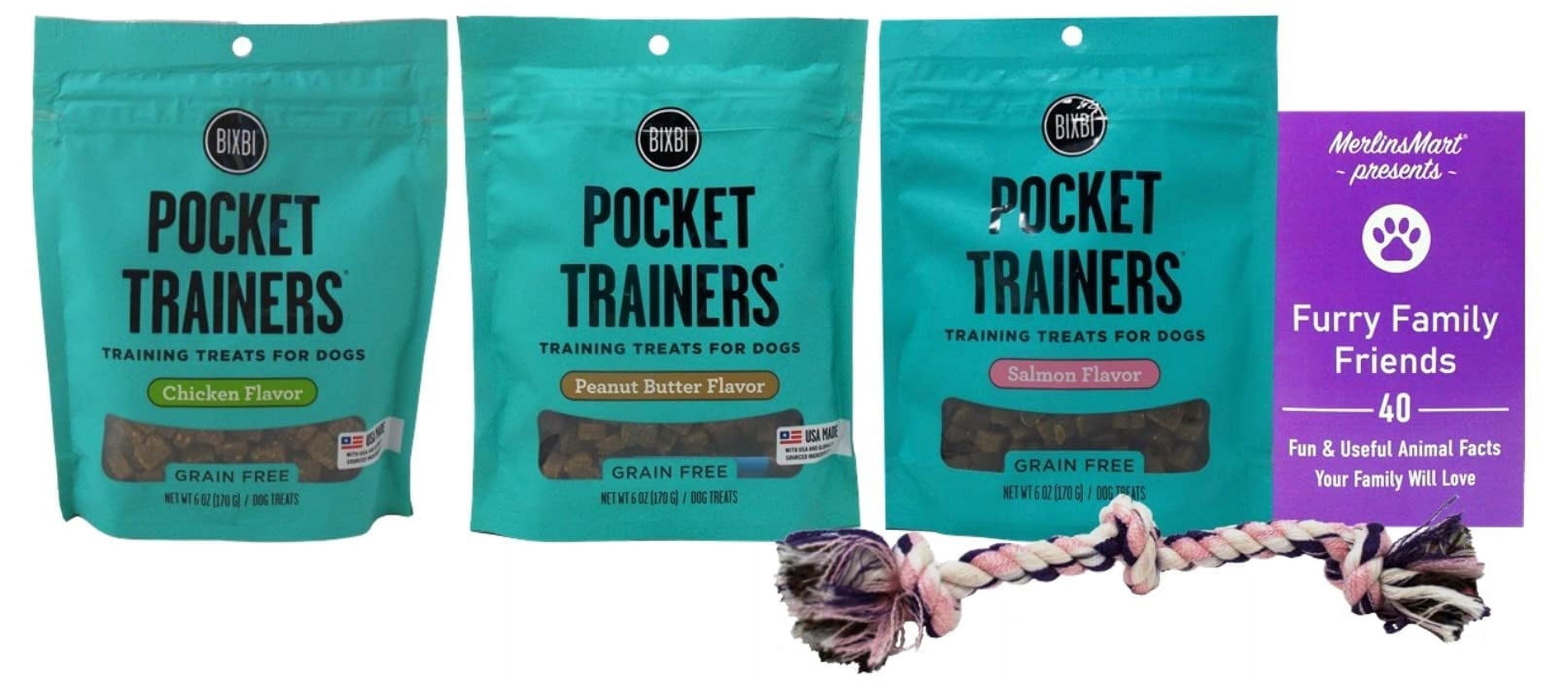 Pocket Trainers Soft Moist Dog Training Treats Variety, (1) Each: Chicken, Peanut Butter, Salmon (6 Ounces) MerlinsMart Zine + Rope Toy | Bixbi