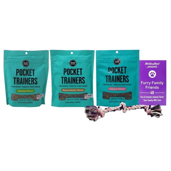 Pocket Trainers Soft Moist Dog Training Treats Variety, (1) Each: Chicken, Peanut Butter, Salmon (6 Ounces) MerlinsMart Zine + Rope Toy | Bixbi