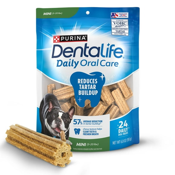 Purina DentaLife Daily Oral Care Mini & Toy Dog Treats with Chicken Chews, 6.8 oz Pouches, 24 Count (4 Pack)