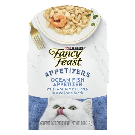Purina Fancy Feast Appetizers Grain Free Wet Cat Food Broth Complement Ocean Fish Appetizer with a Shrimp Topper - 1.1 oz Tray
