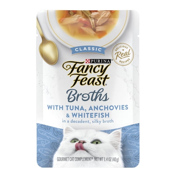 Purina Fancy Feast Lickable Wet Cat Food Broth Topper Classic With Tuna, Anchovies and Whitefish, 1.4 oz.