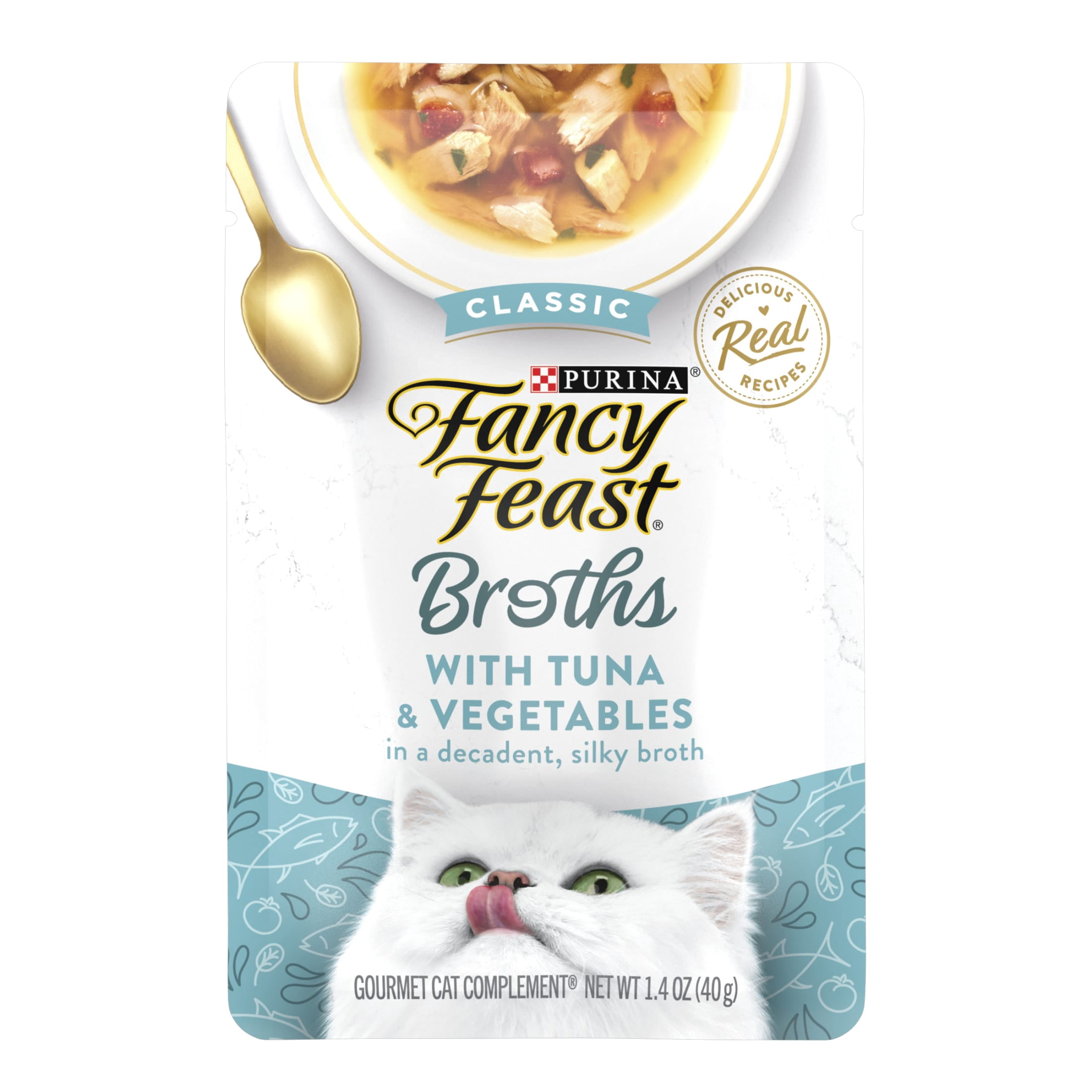 Purina Fancy Feast Broths, Wet Cat Food, Tuna & Vegetables, 1.4 oz Pouch, 16 Pack