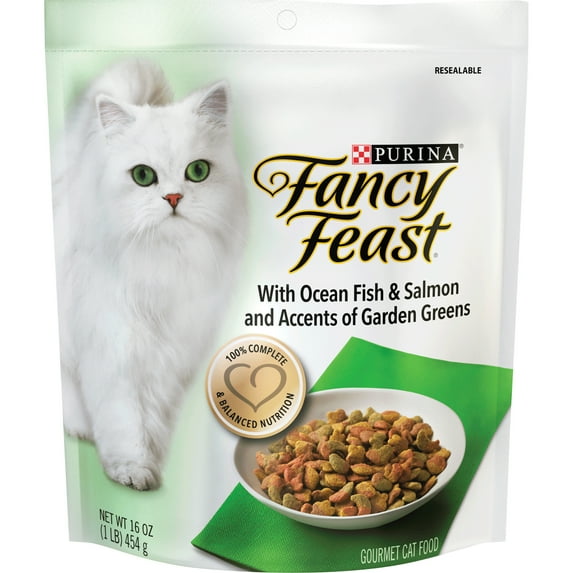 Purina Fancy Feast Dry Cat Food, Made with Ocean Fish & Salmon with Accents of Garden Greens, Gourmet Dry Cat Food for Adult Cats, 16 OZ Bag (Pack of 4)