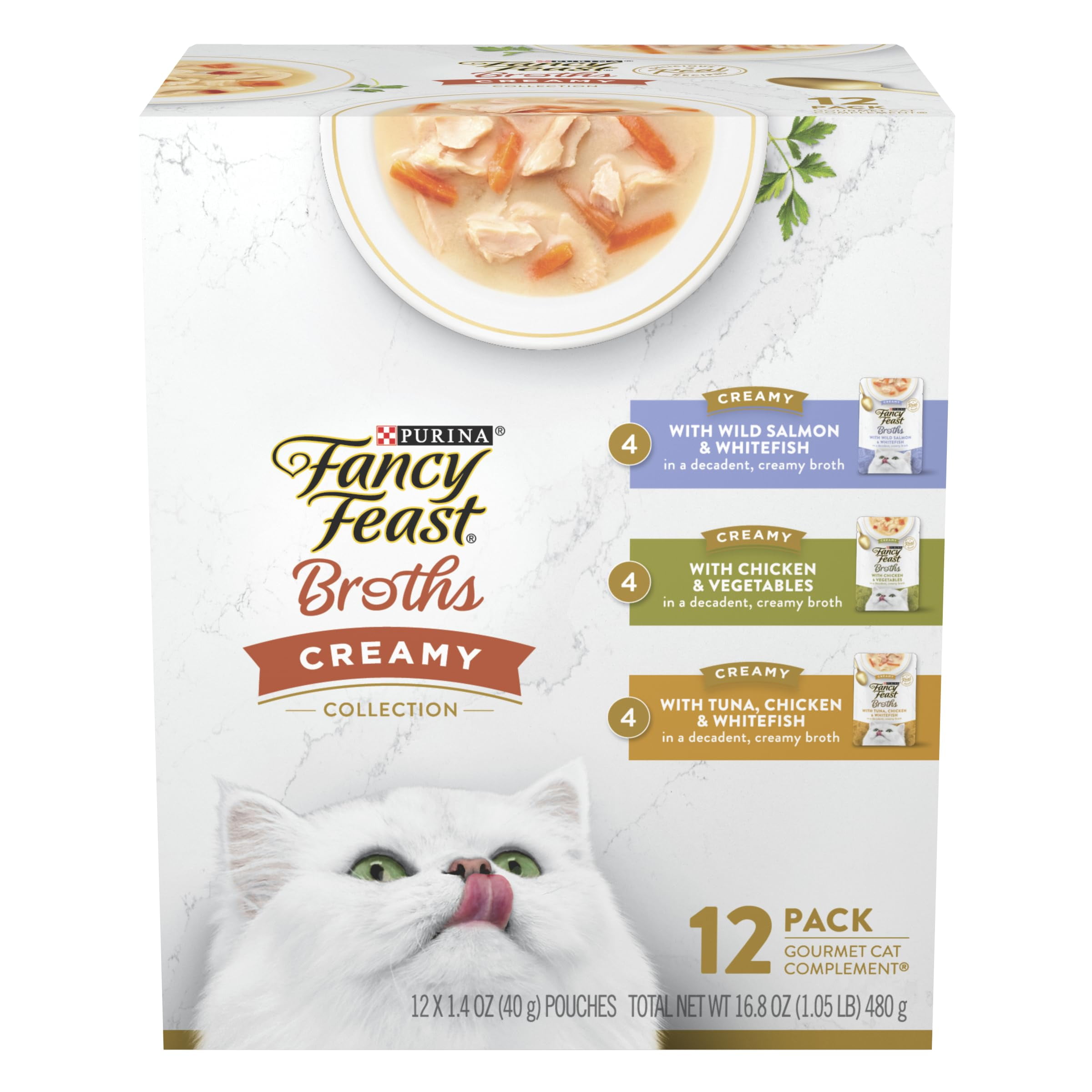 Purina Fancy Feast Lickable Broth HYZ01 Topper Complement Creamy Wet Cat Food Variety Pack - (Pack of 12) 1.4 oz. Pouches