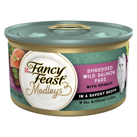 Purina Fancy Feast Medleys Cat Food, Wet Cat Food, Shredded Salmon & Spinach, 3 oz Cans (24 Pack)