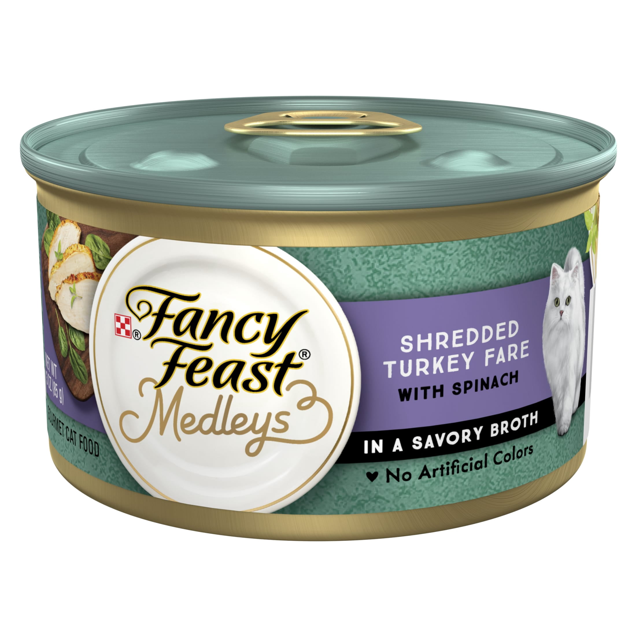 Purina Fancy Feast Medleys Cat Food, Wet Cat Food, Shredded Turkey & Spinach, 3 oz Can (24 Pack)