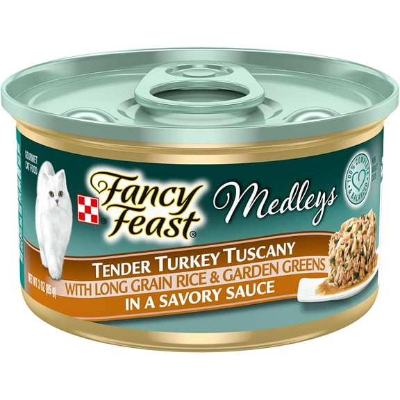 Purina Fancy Feast Medleys Tender Turkey Tuscany With Long Grain Rice & Garden Greens in a Savory Sauce Adult Wet Cat Food, 3 Ounce (Pack of 12)